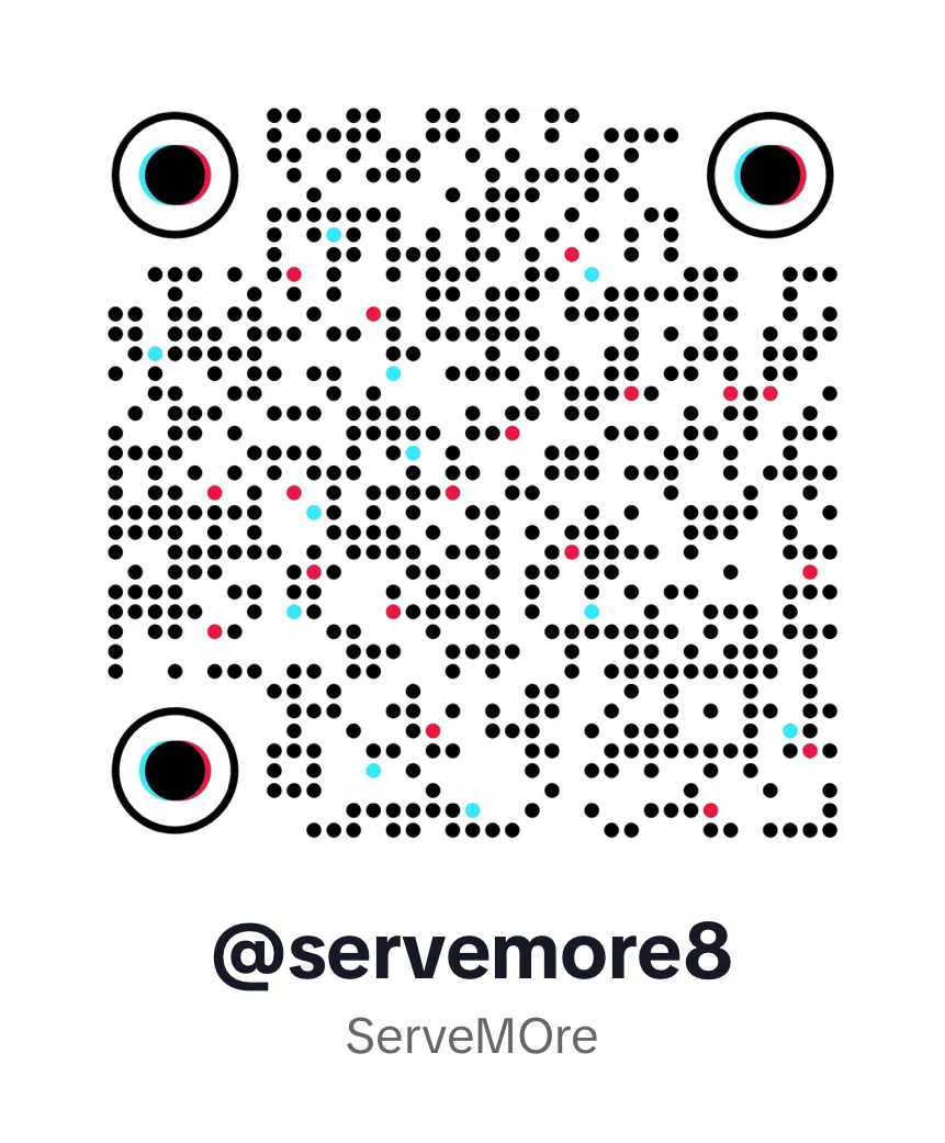 A qr code for @ servemore8 is shown on a white background.