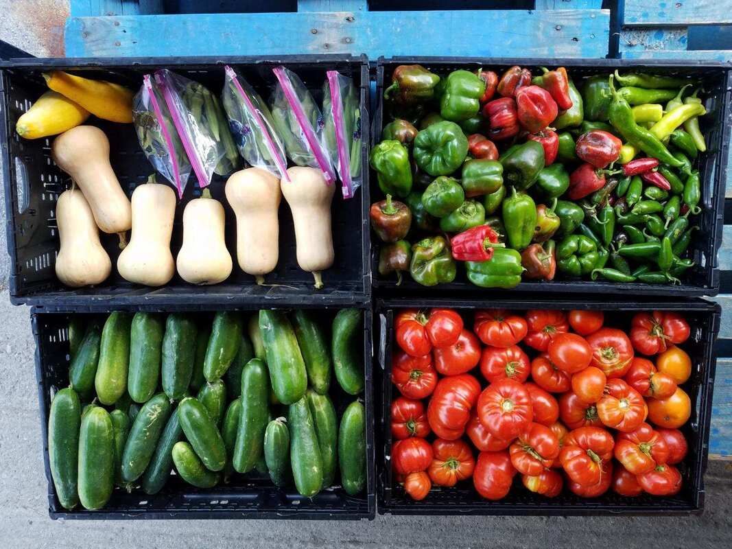 Four crates filled with different types of vegetables are stacked on top of each other