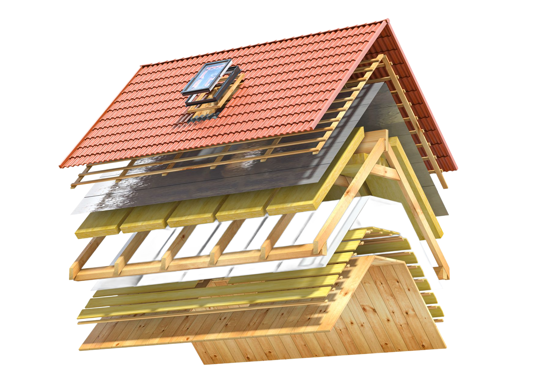 Exploded view of a house roof assembly with layered materials, including red shingles and wooden framing