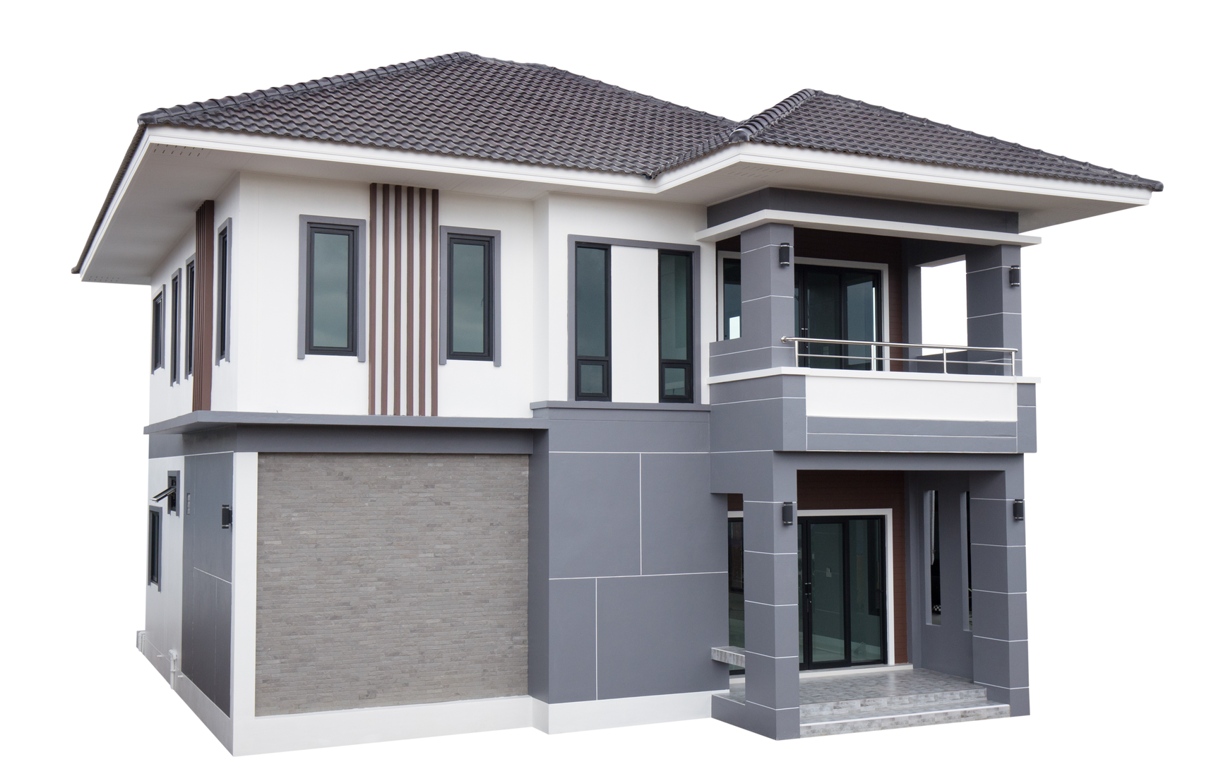 Modern two-story gray and white house with a tiled roof and balcony