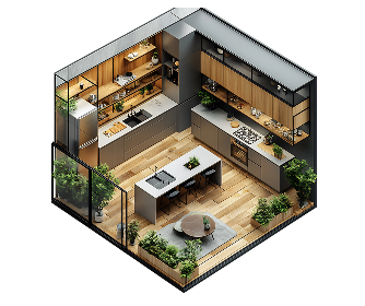 Isometric modern kitchen and living area with wood cabinetry, white island, and plants