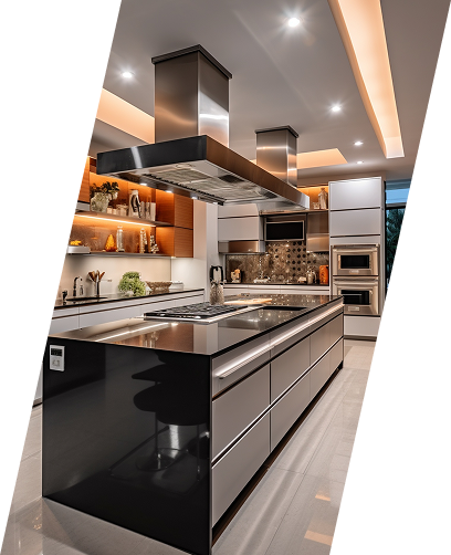 Modern luxury kitchen with glossy black island, stainless appliances, warm wood accents, and recessed lighting
