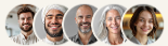 Five smiling headshots in circular frames on a white background