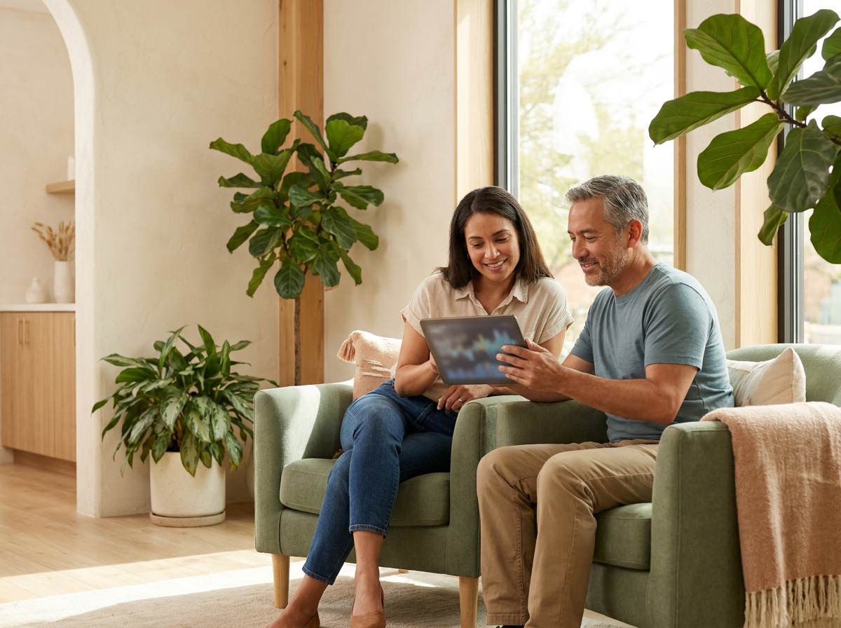 Couple sitting on a sofa in a bright living room, looking at a tablet with their lab results.