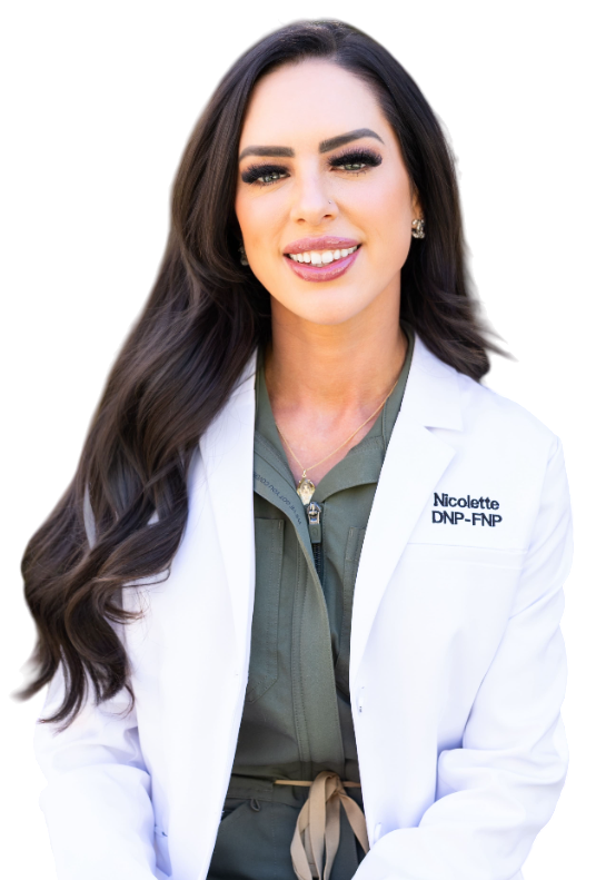 Woman in a white coat smiles, long dark hair, wearing a green top. Text: Nicoletta, DNP-FNP.