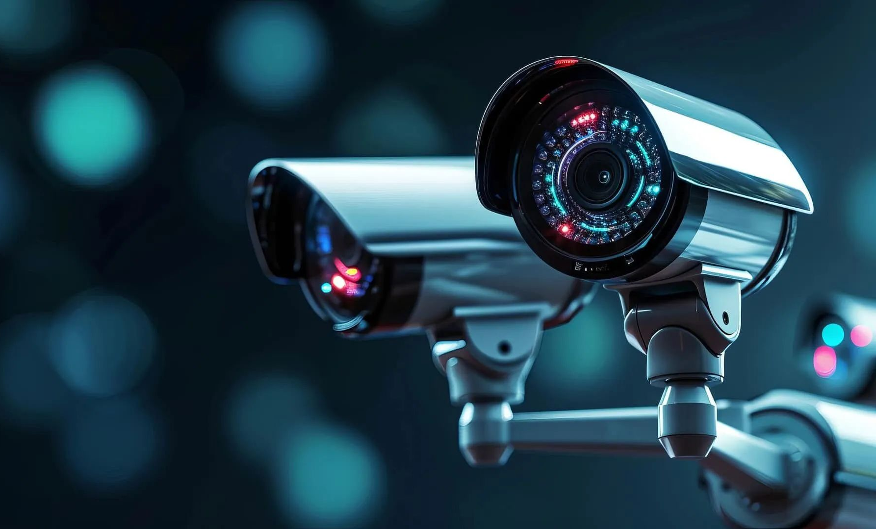 Two futuristic security cameras with glowing lenses in a dark blue setting