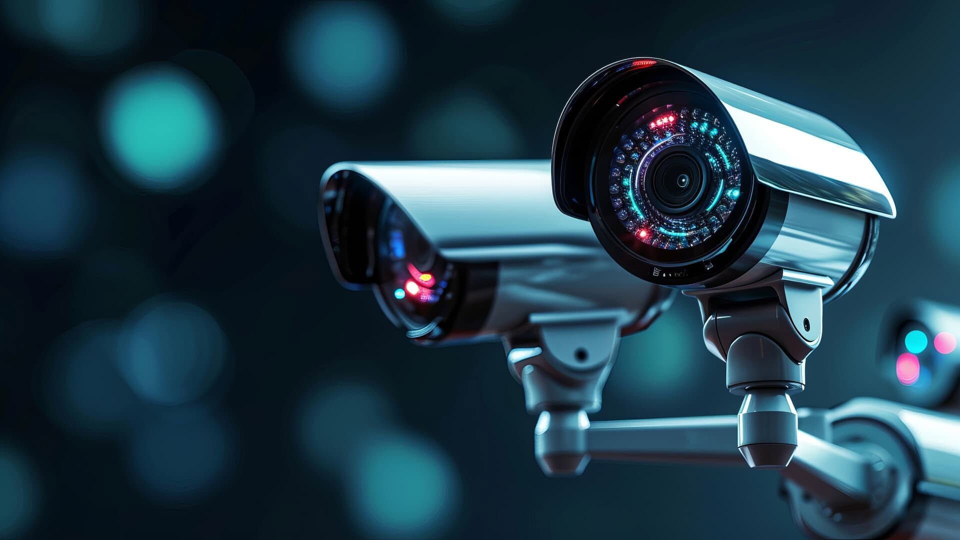 Two silver security cameras with red glowing lenses on a dark blue background