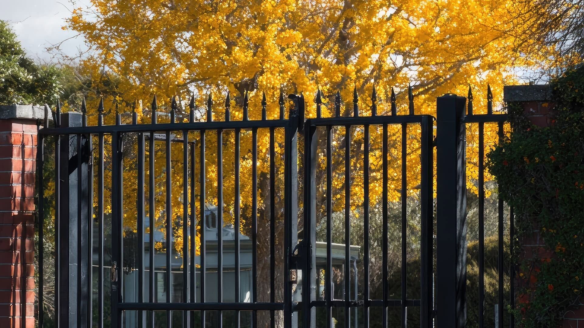Black metal gate in front of yellow autumn trees and a building
