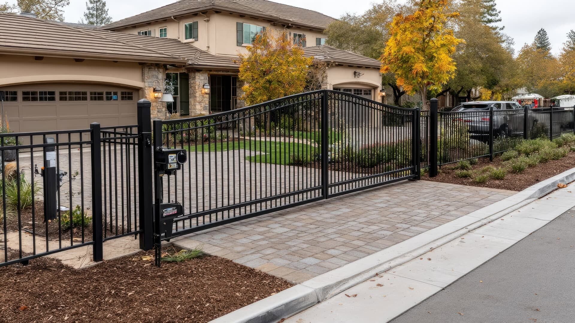 Black metal fence and gate along a sidewalk in front of a suburban house and autumn trees