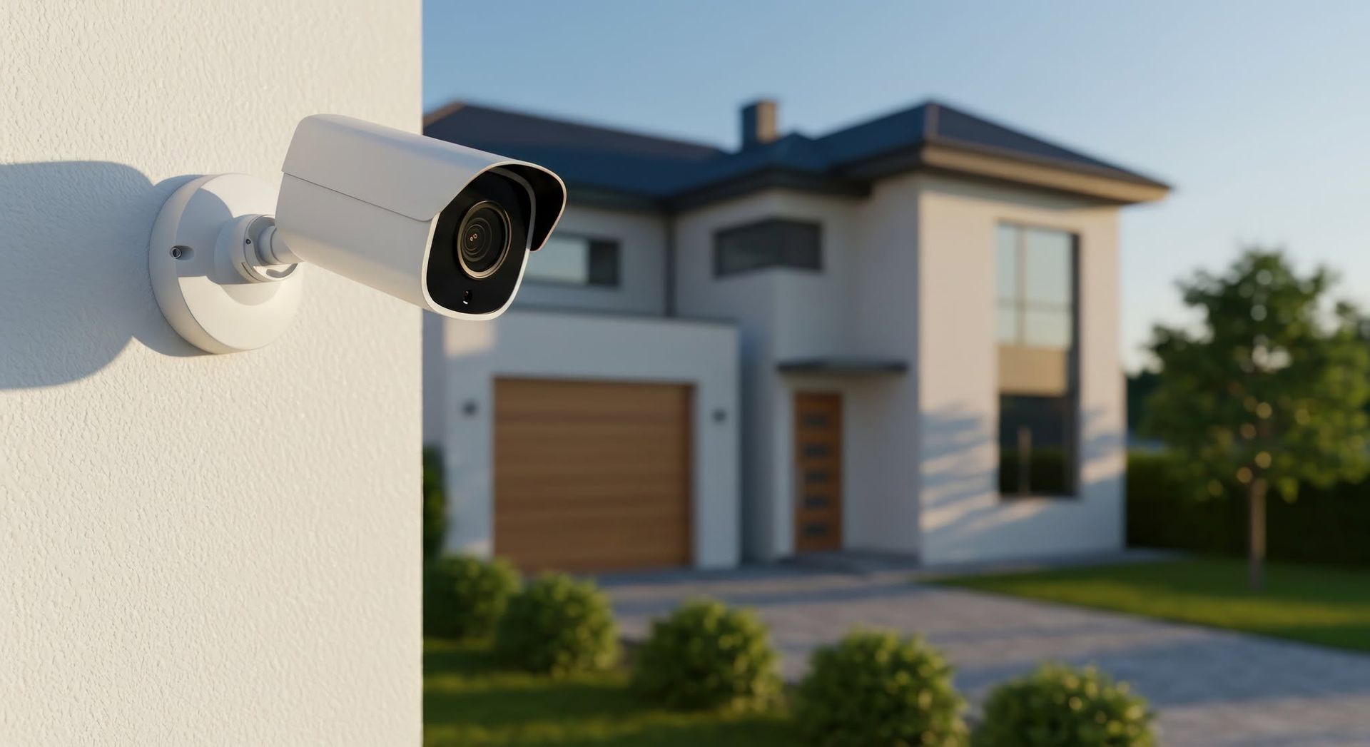 Security camera mounted on a white wall, overlooking a modern house and driveway at dusk