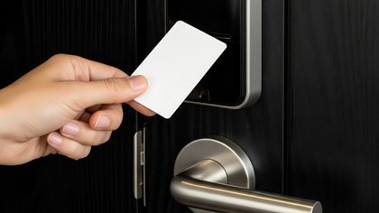 Hand using a white access card to unlock a black door with a silver handle