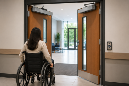 Person in a wheelchair enters through open double doors into a bright building lobby.