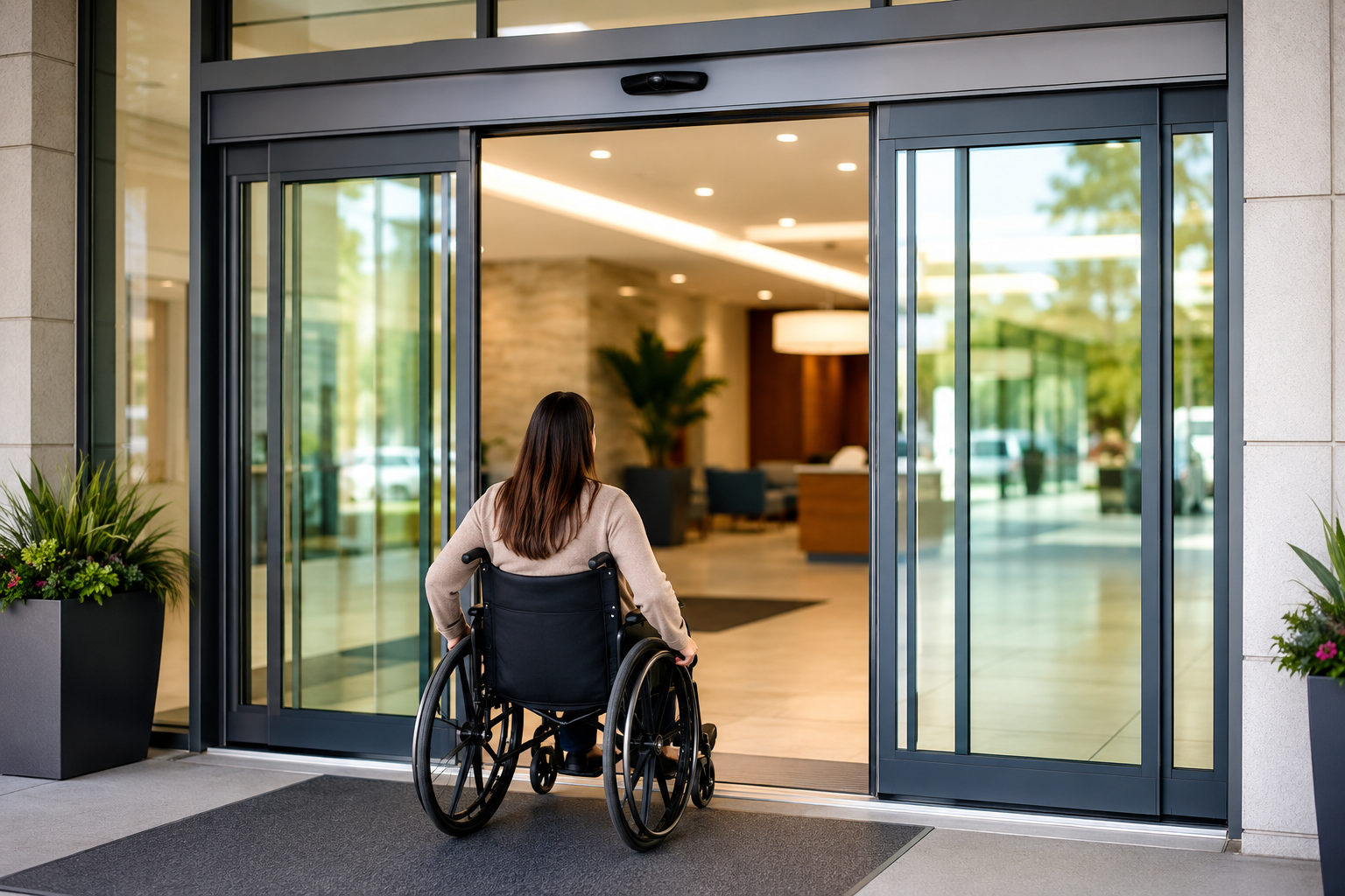 Person in a wheelchair entering a modern building through automatic glass doors