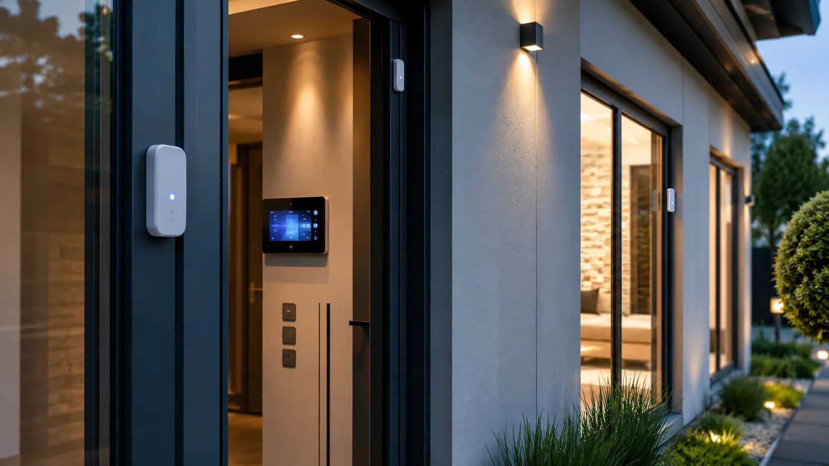 Modern house entryway with an open door, wall-mounted intercom, and warm interior light at dusk