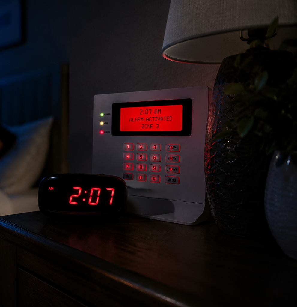 Dim bedroom nightstand with a glowing red alarm clock and security keypad beside a lamp.