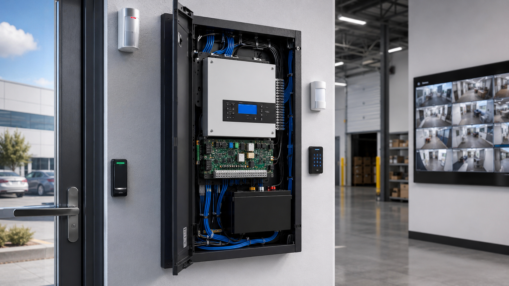 Open wall-mounted network cabinet with blue cables in a modern office hallway