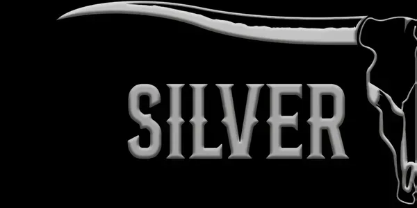 Silver logo with a long blade and bull skull on a black background