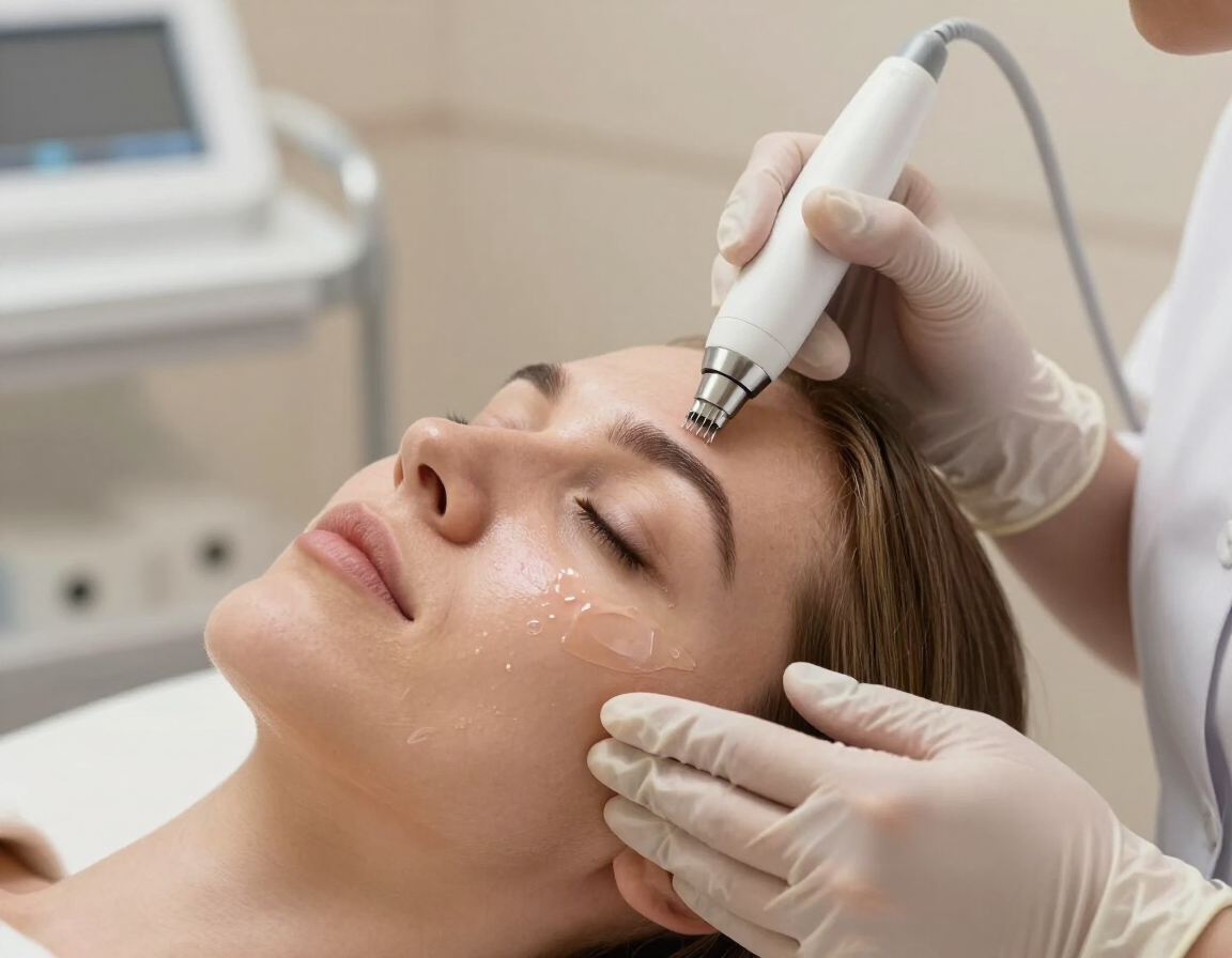 Tratamiento facial cosmético con un dispositivo portátil a una clienta relajada en un spa.