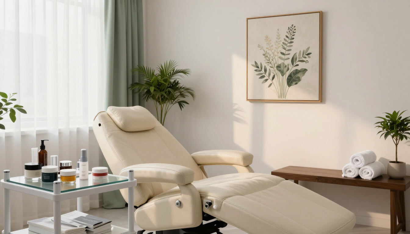 Sala de tratamientos de spa con camilla de masaje, silla beige, mesa auxiliar y cuadro de hojas.