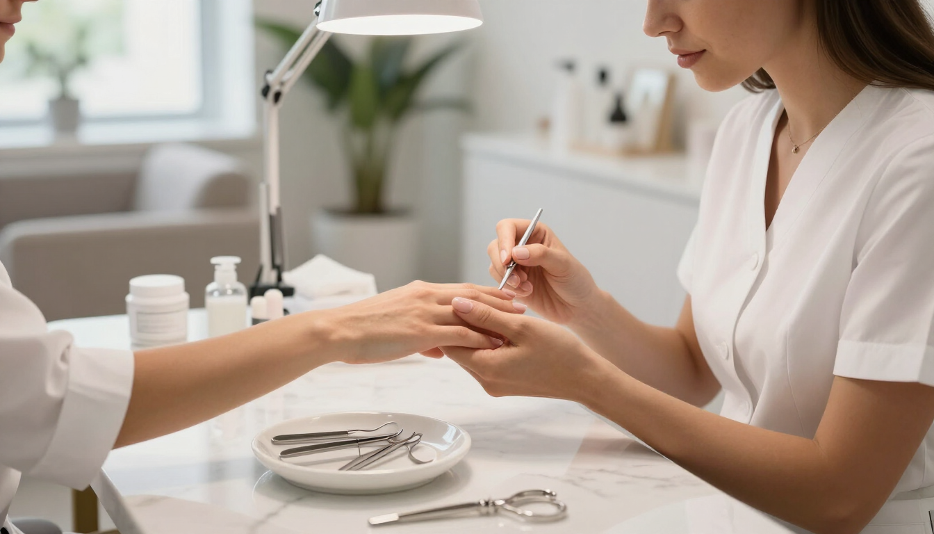 Manicurista pintando las uñas de una clienta en una mesa de salón iluminada.