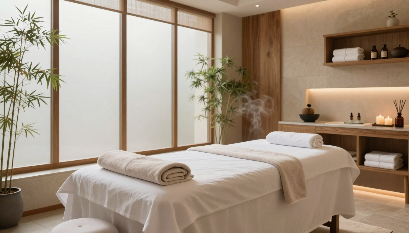 Sala de spa luminosa con dos camillas de masaje, toallas enrolladas, decoración de bambú y grandes ventanas esmeriladas.