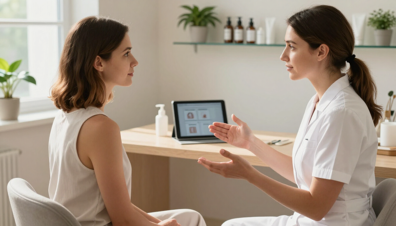Dos mujeres, sentadas en una luminosa oficina de un spa, conversan sobre una consulta de cuidado de la piel.