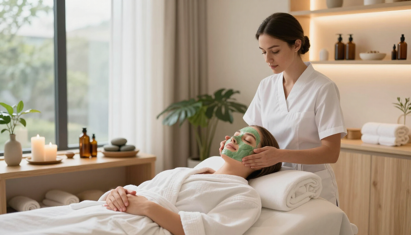 Terapeuta de spa dando un masaje facial a una clienta en una tranquila sala de tratamientos.
