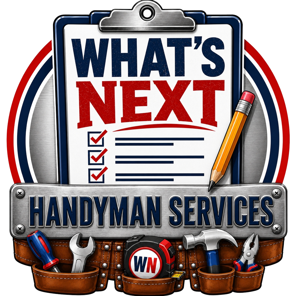 What's Next Handyman Services logo with clipboard, pencil, and tools in red, blue, and silver.