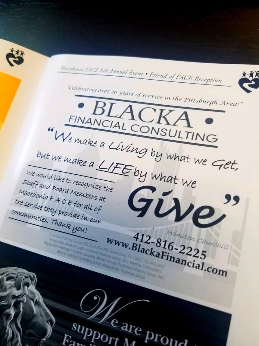 Blacka Financial Consulting flyer with black-and-white text and “we give” slogan, plus phone number and website