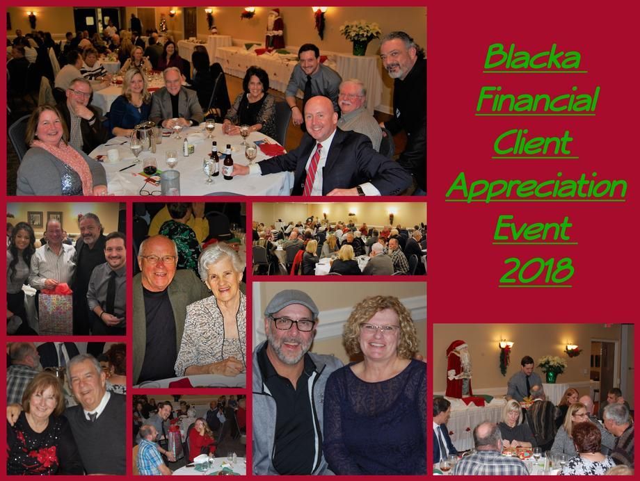 Collage of Blacka Financial client appreciation event 2018, showing people dining and posing in banquet rooms