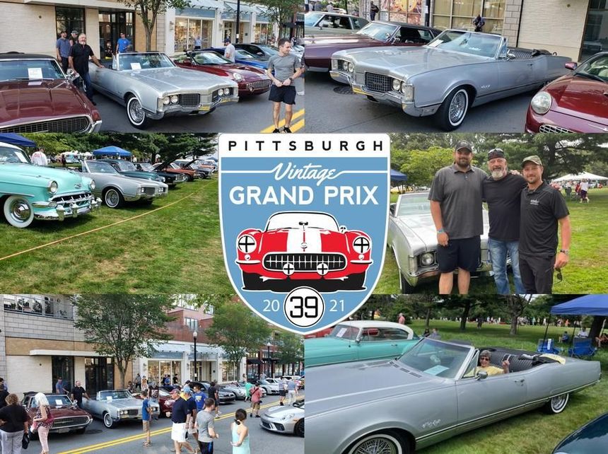 Collage of classic cars and people at the Pittsburgh Vintage Grand Prix event sign