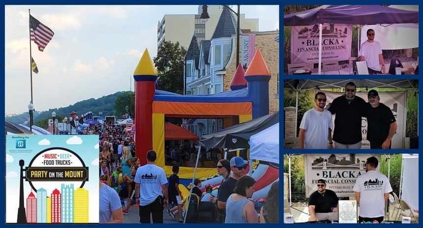 Crowd at a fair with colorful bounce house, flags, and vendor booths; collage of event photos on the right