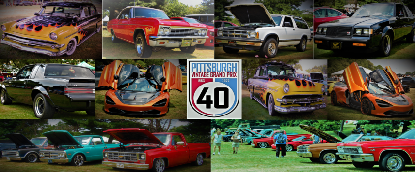 Collage of classic muscle cars and racing scenes around a central “40” event logo