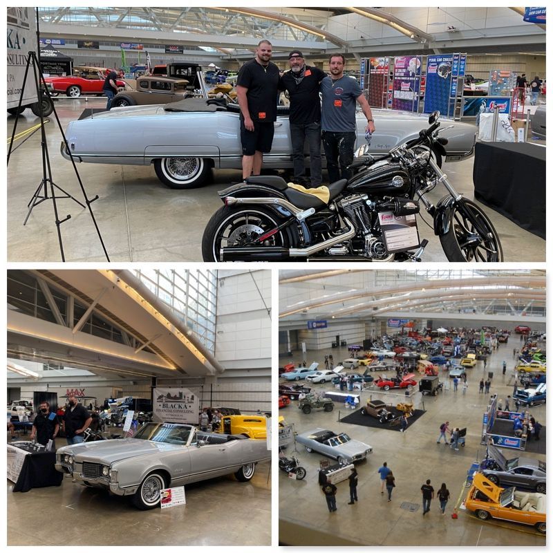 Car show collage: classic cars, a motorcycle, and people inside a bright exhibition hall.