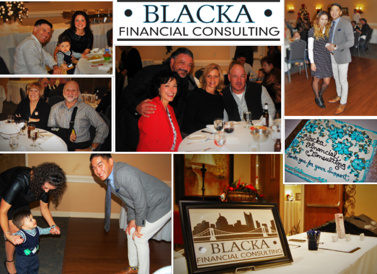 Collage of BlackA Financial Consulting event photos with guests, cake, and table setups