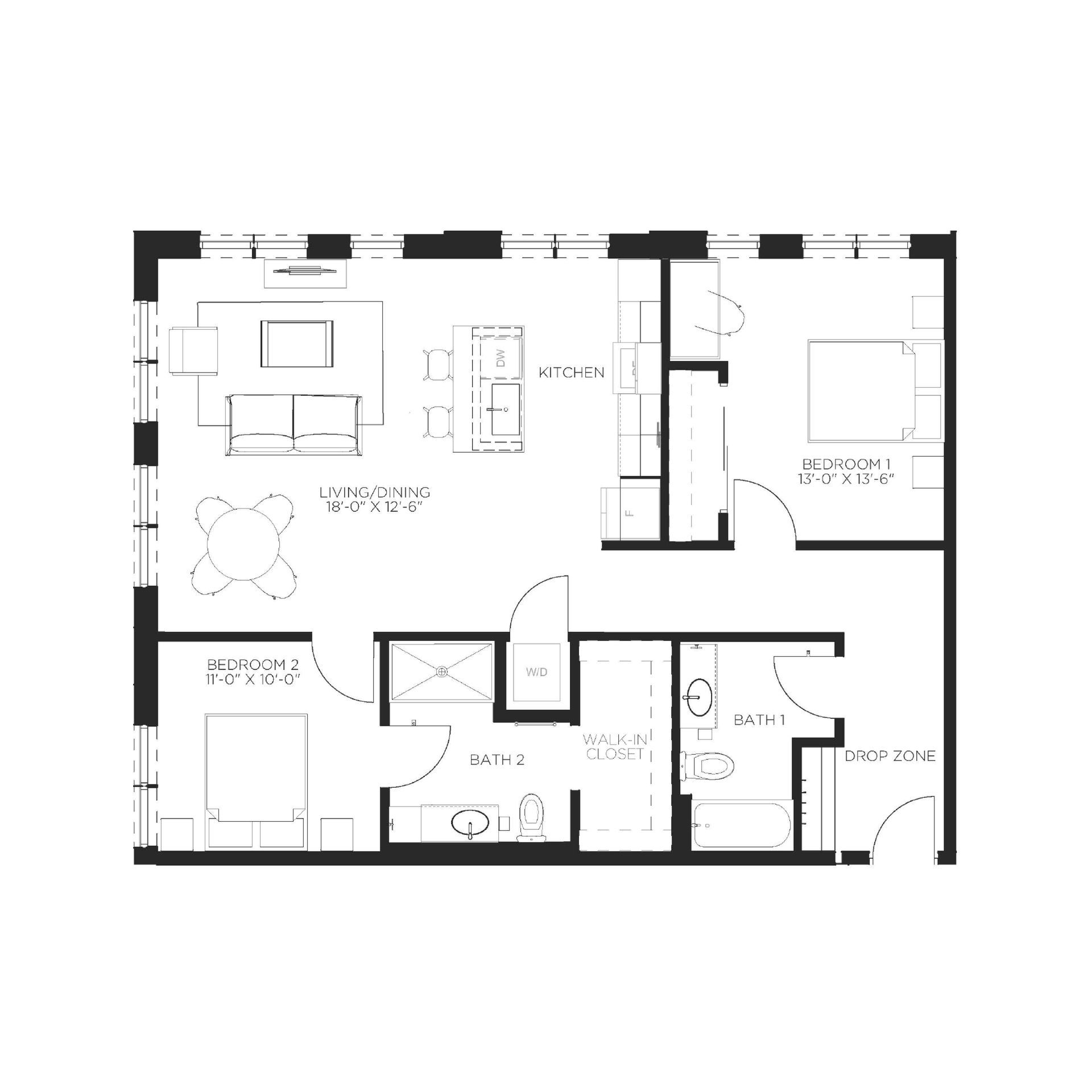 Floor plan of a two-bedroom apartment. Includes kitchen, living room, bathrooms, and bedrooms.