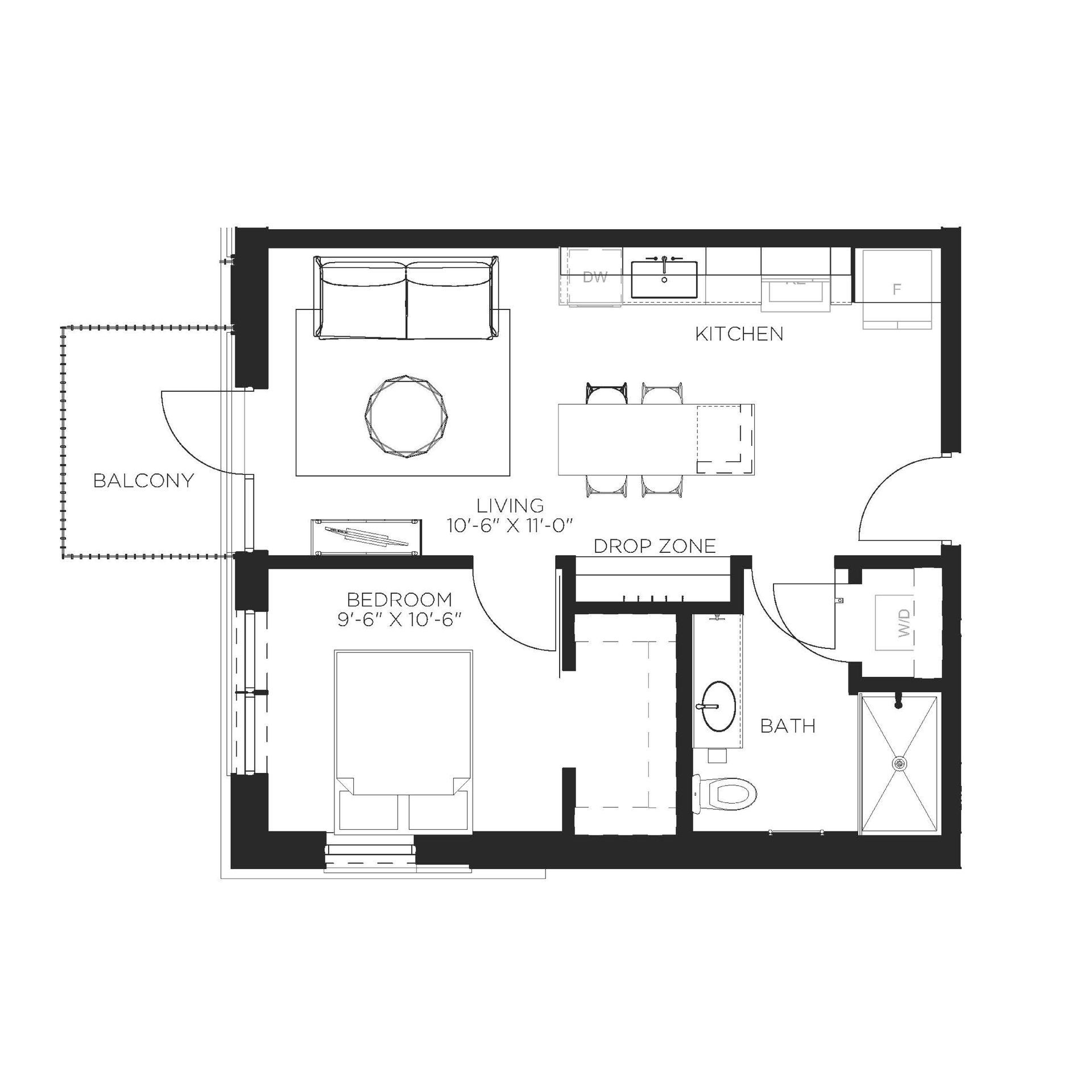 Floor plan of a one-bedroom apartment with a balcony, living area, kitchen, bathroom, and bedroom.