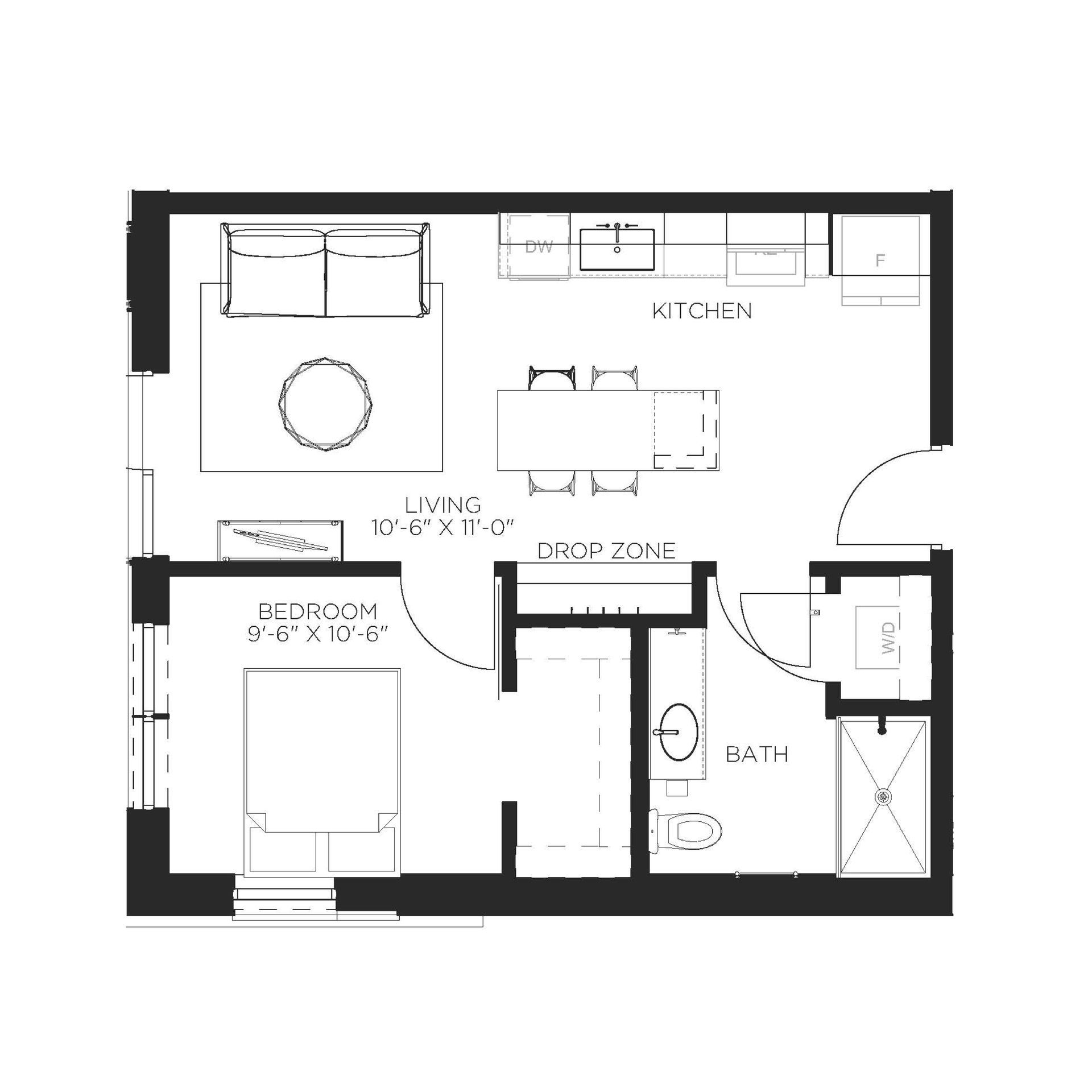 Floor plan of a studio apartment with a bedroom, living area, kitchen, and bathroom.