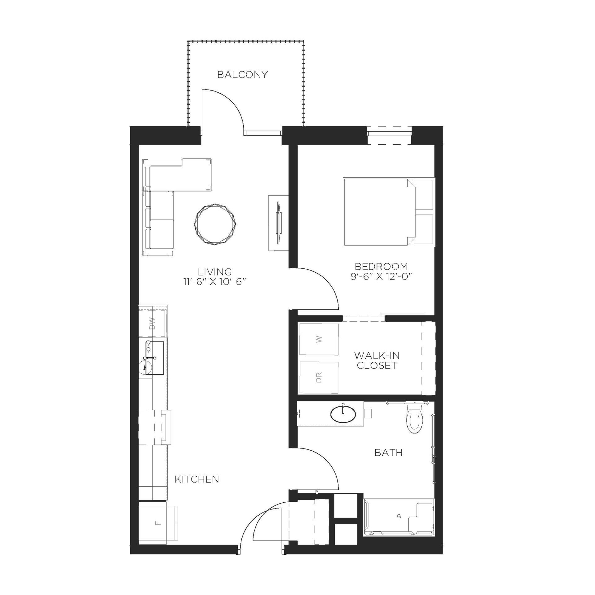 Floor plan of an apartment showing a kitchen, living area, bedroom, balcony, walk-in closet, and bathroom.