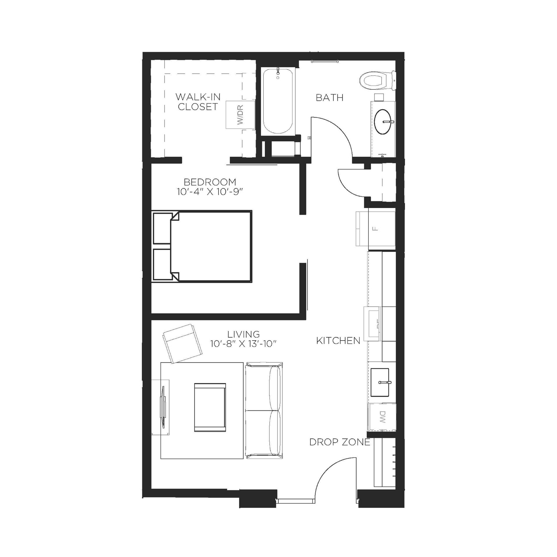 Floor plan of a studio apartment, featuring a bedroom, living area, kitchen, bathroom, and walk-in closet.
