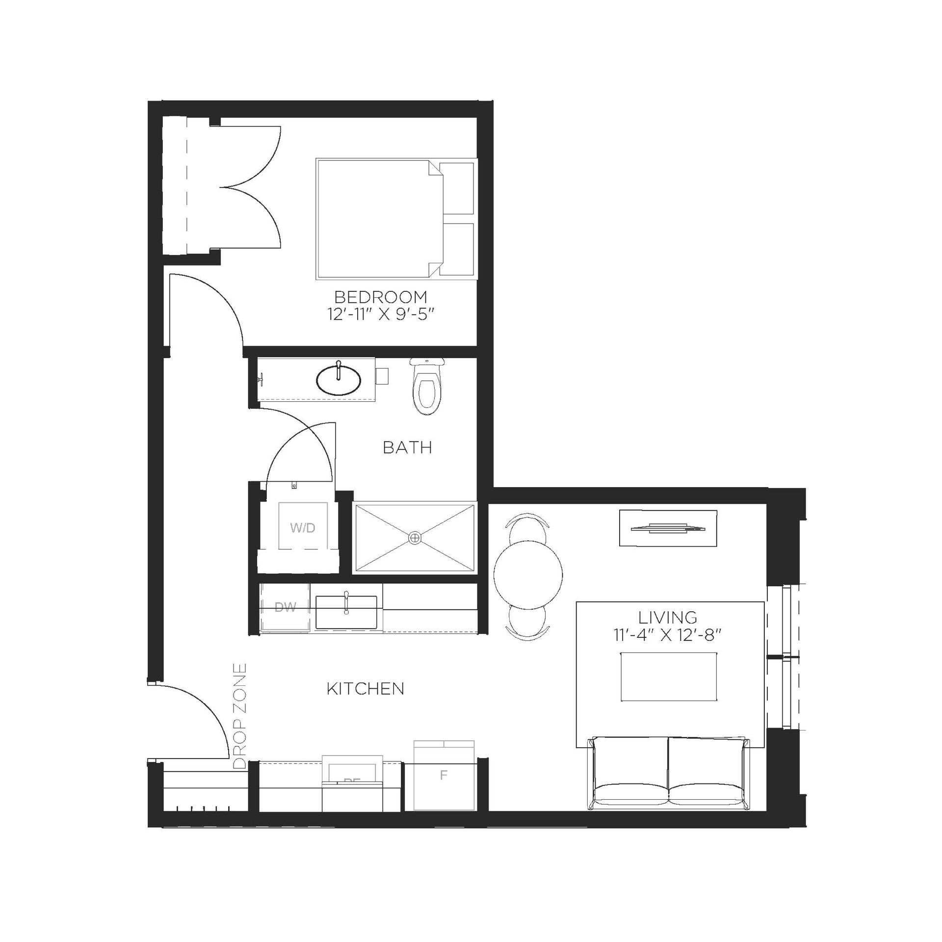 Floor plan of a studio apartment, featuring a bedroom, bathroom, kitchen, and living area.