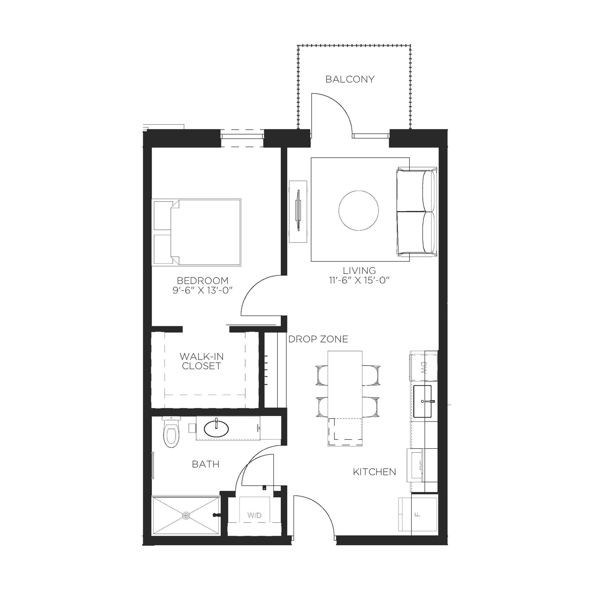 Floor plan of an apartment, showing bedroom, living room, kitchen, bathroom, and a balcony.