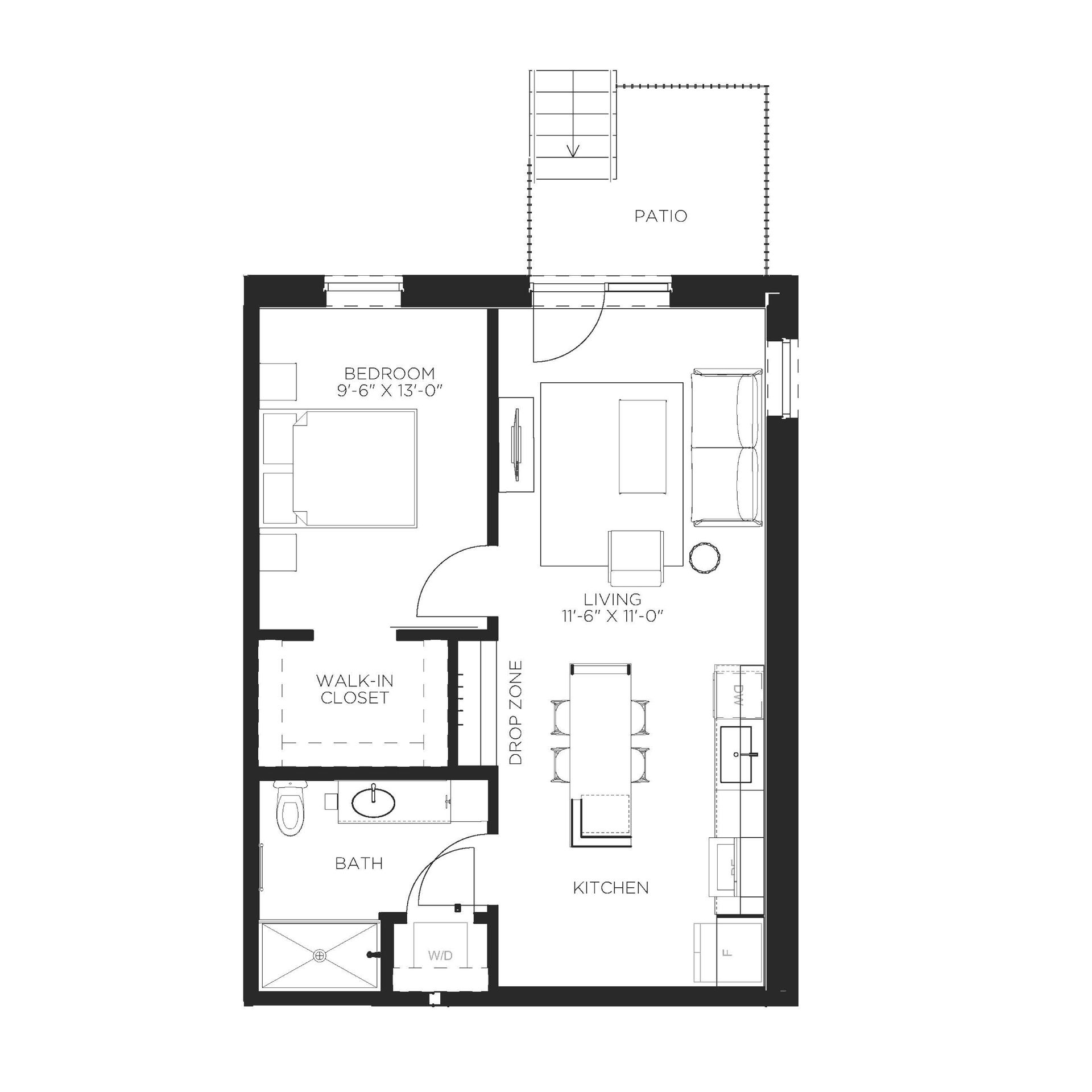 Floor plan of a one-bedroom apartment with a kitchen, living area, bedroom, bathroom, and patio.