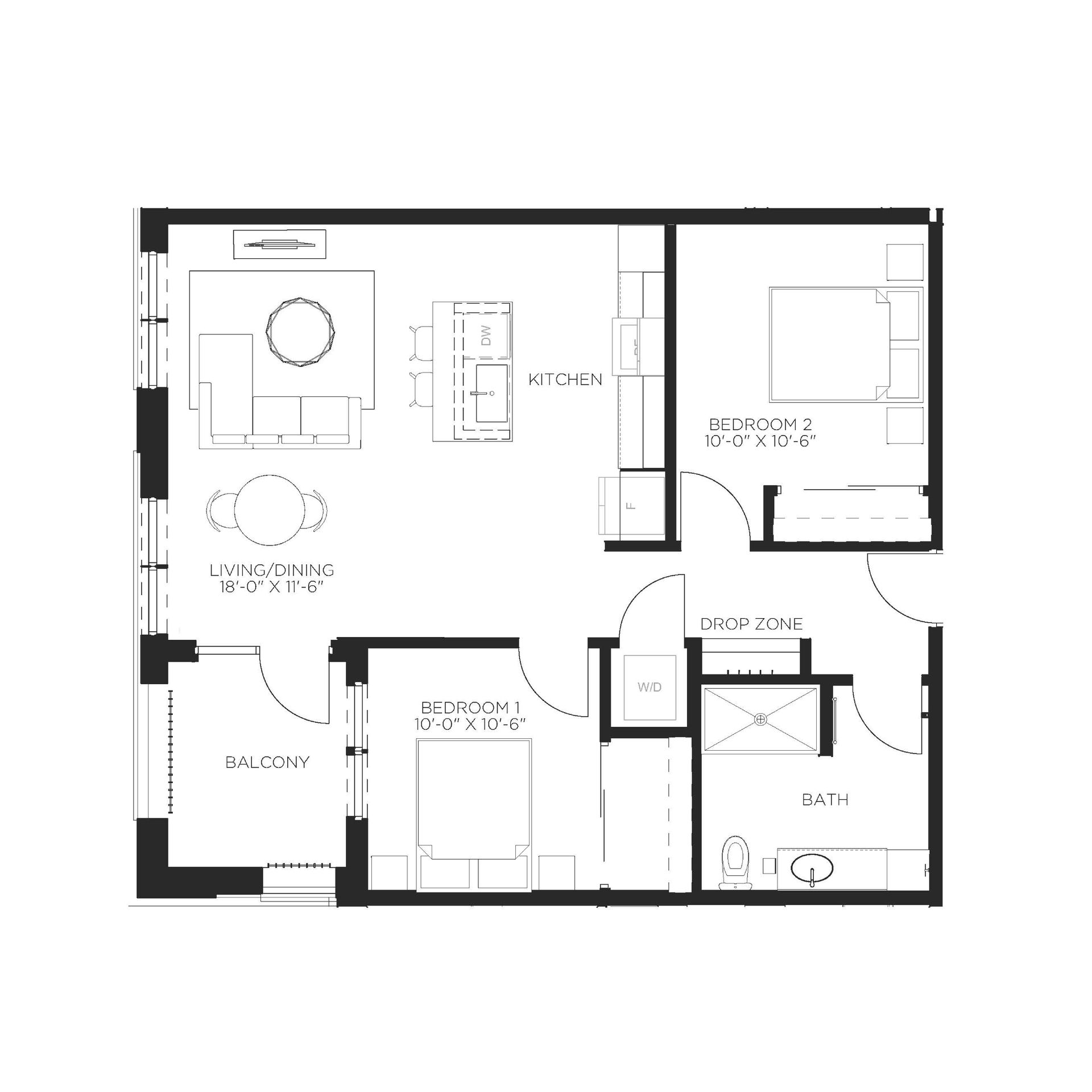 Floor plan of an apartment with a kitchen, living area, two bedrooms, a bathroom, and a balcony.