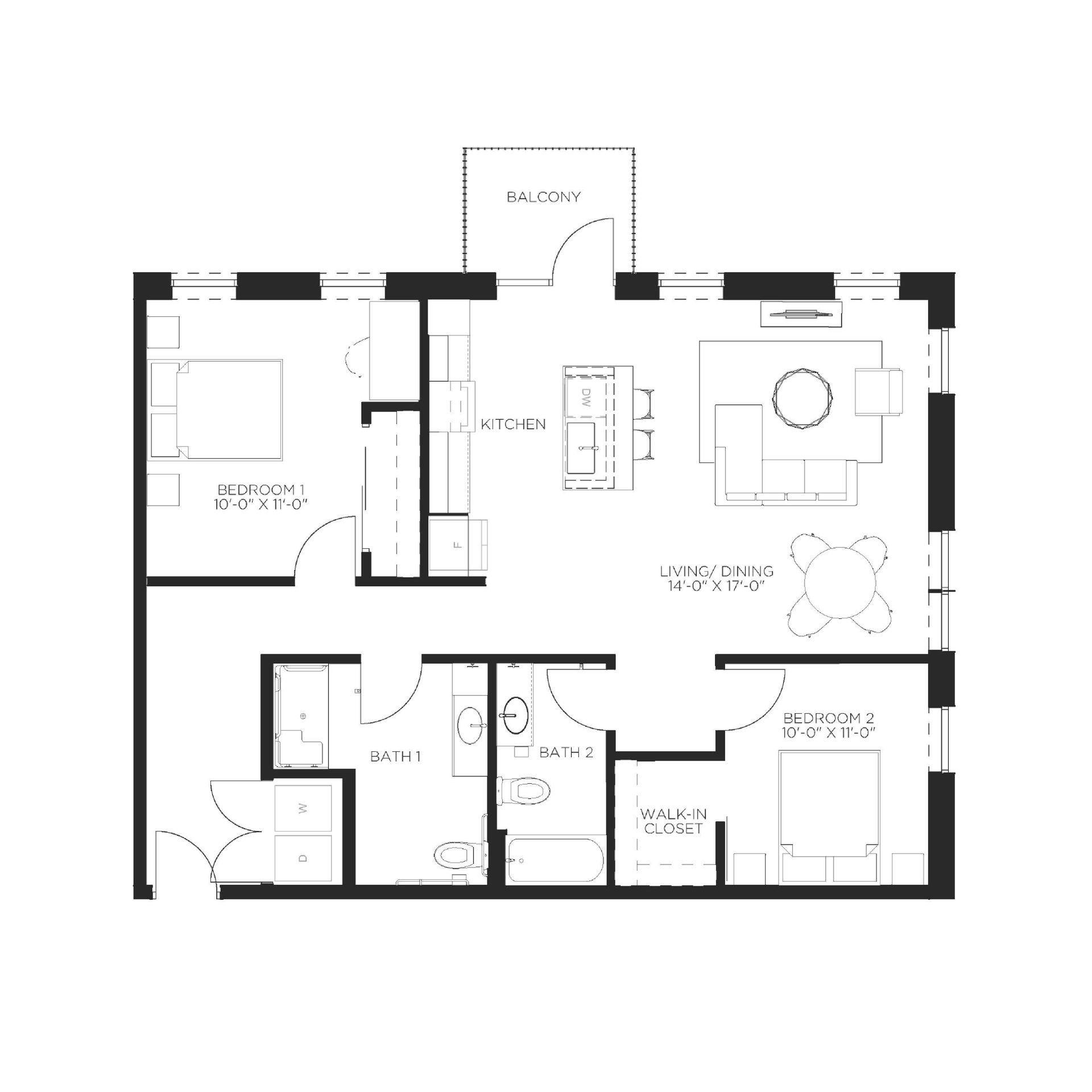 Floor plan of an apartment showing two bedrooms, a kitchen, a living room, and a balcony.