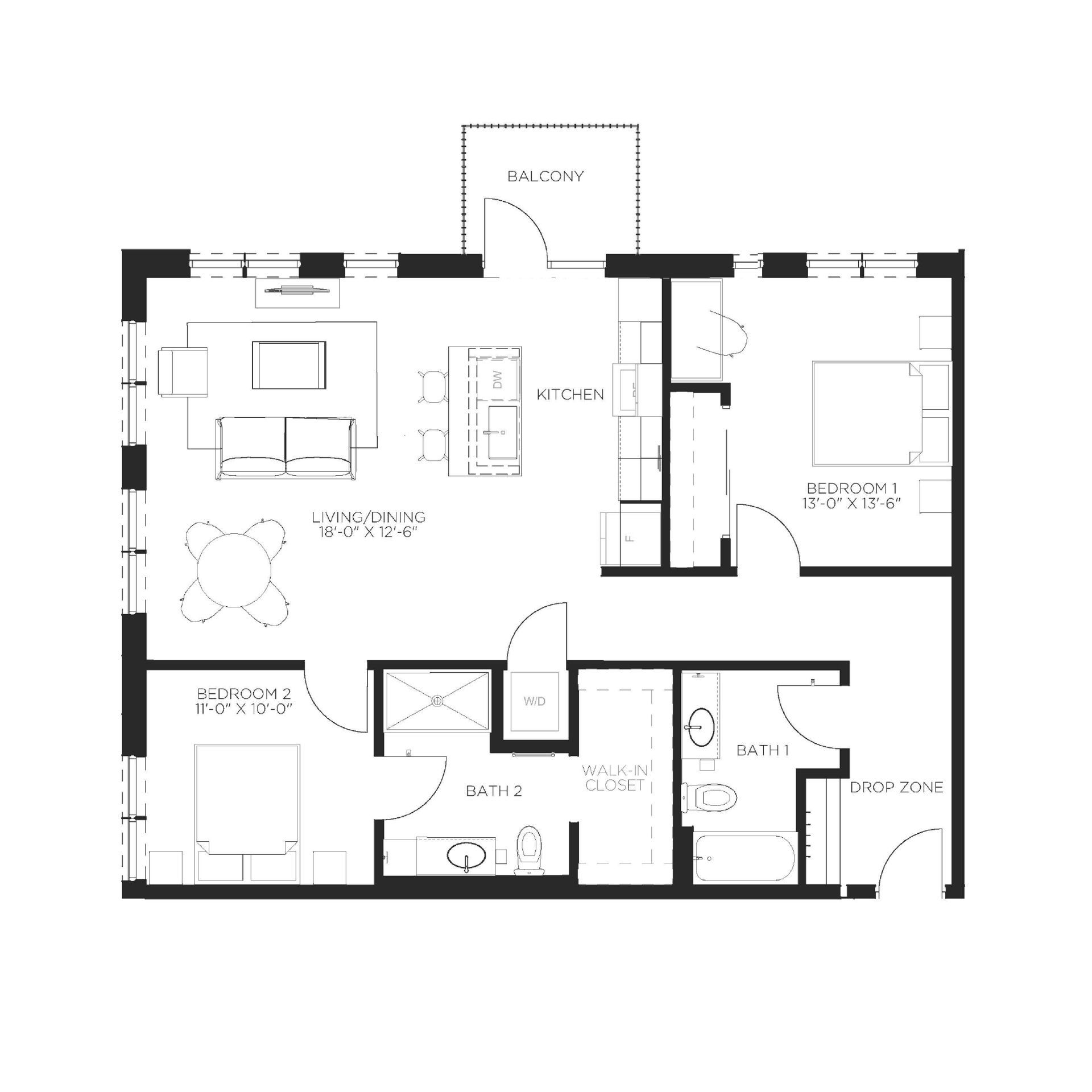 Floor plan of a two-bedroom apartment with a kitchen, living area, two bathrooms, and a balcony.