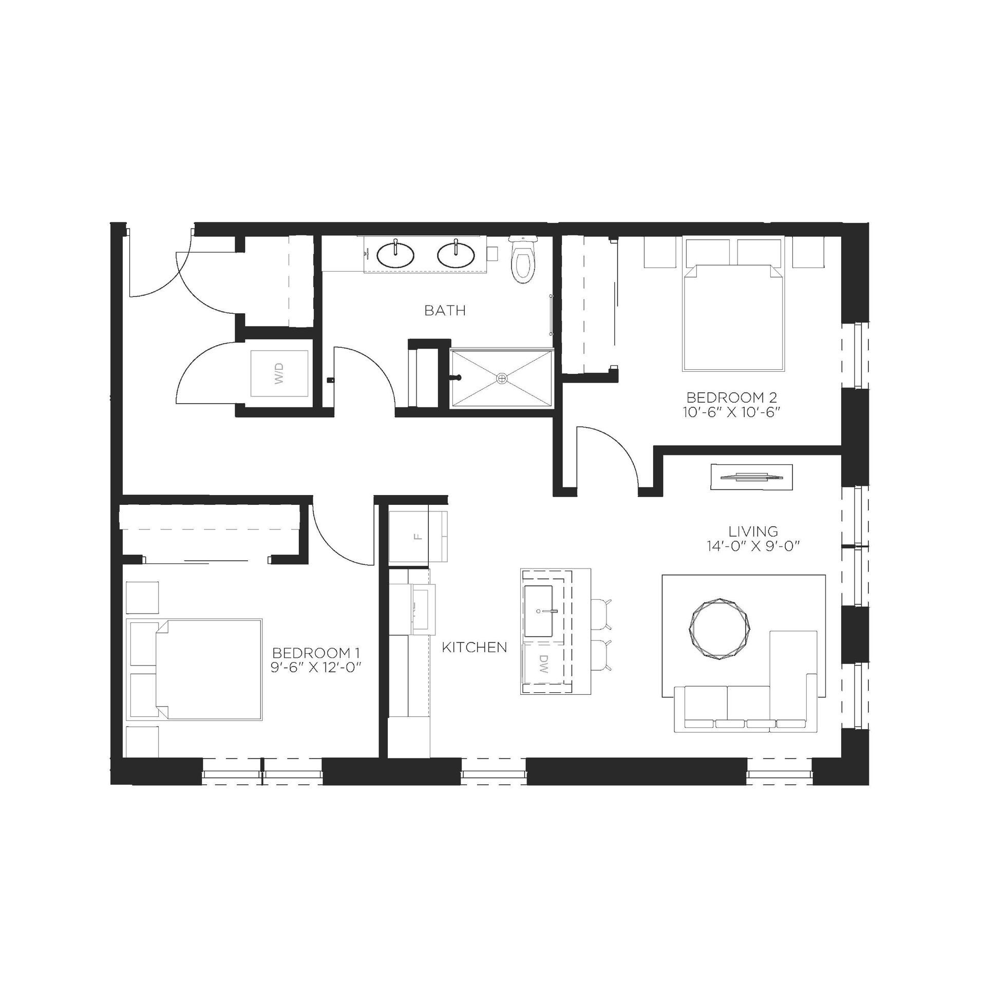 Floor plan of a one-bedroom apartment with a bathroom, kitchen, and living room.