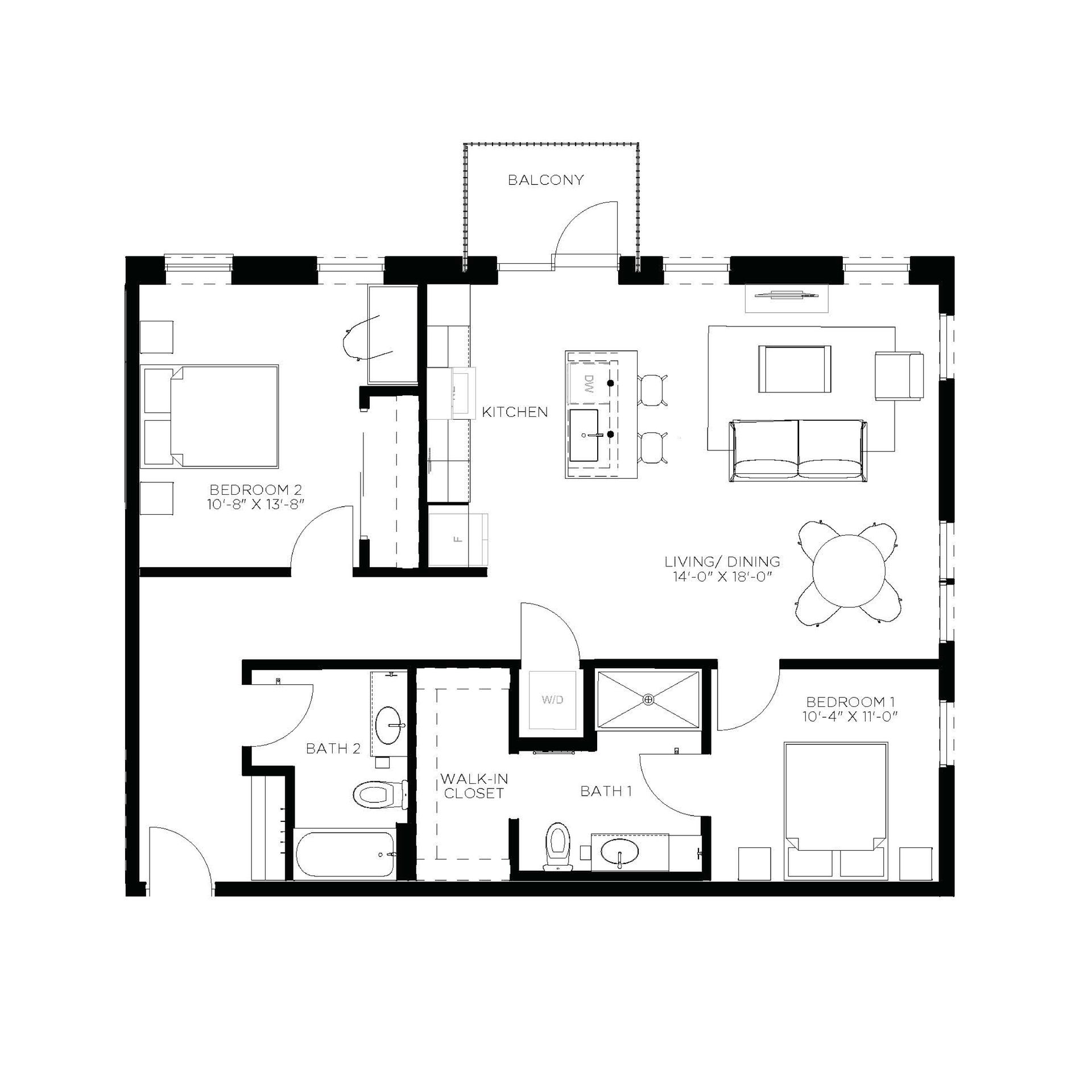 Floor plan of an apartment, showing rooms, doors, windows, and furniture layout in black and white.