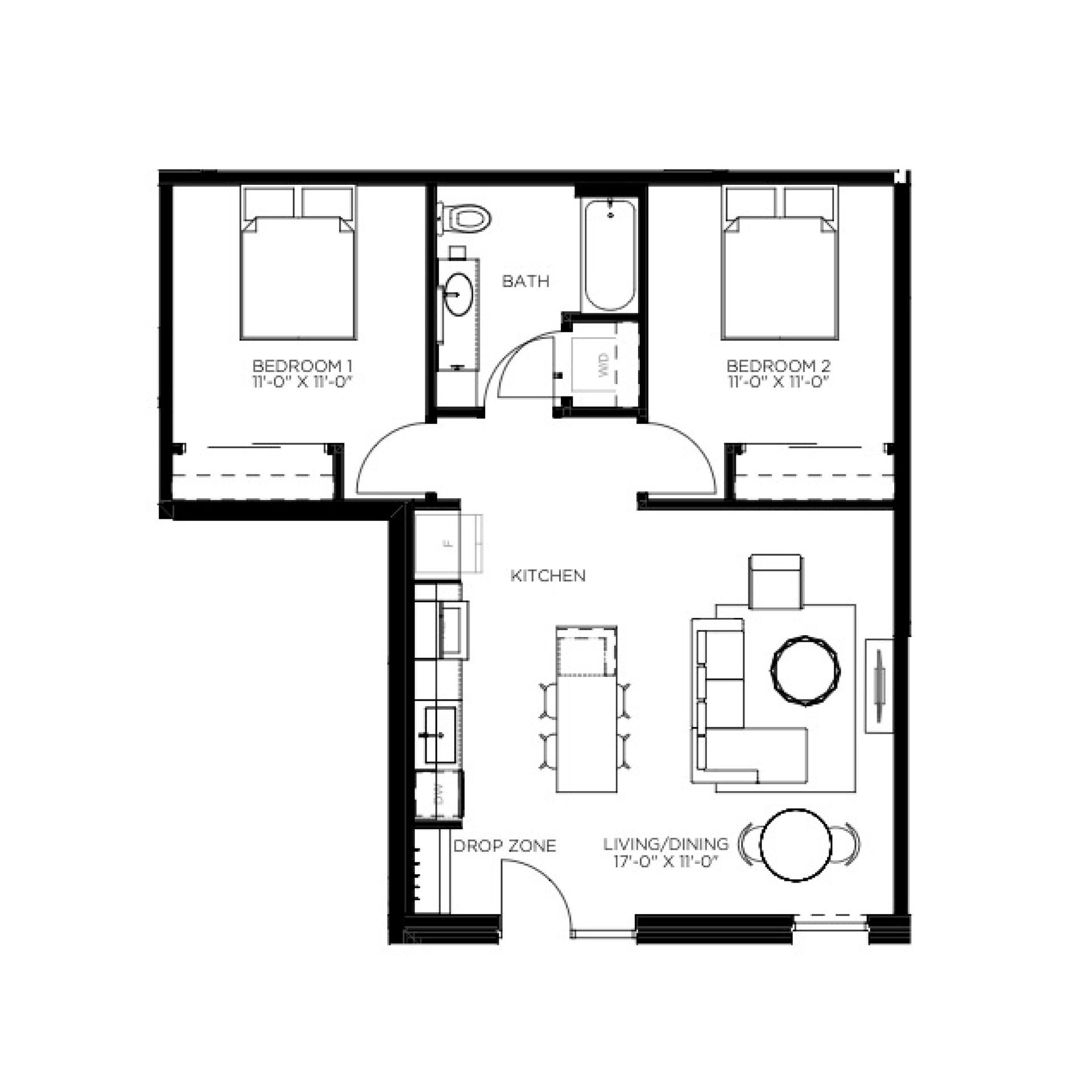Floor plan of a two-bedroom apartment, showing rooms, furniture, and dimensions.