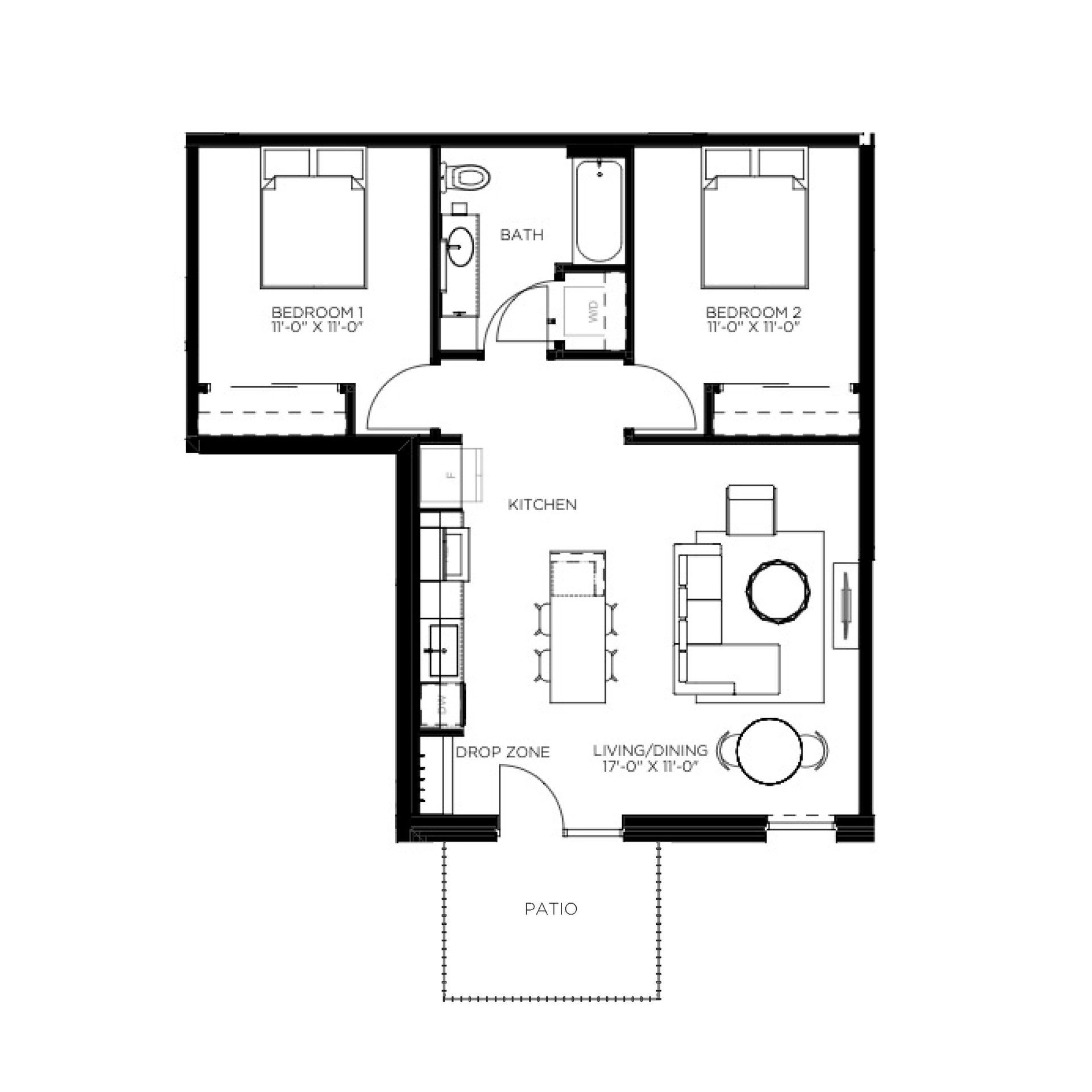 Floor plan of a two-bedroom apartment. Includes kitchen, living/dining area, two bedrooms, and a small patio.